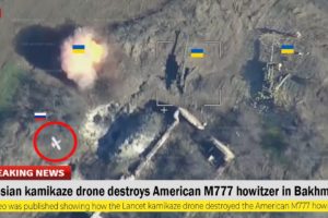 Horrible footage (Apr 14 2023) Russian kamikaze drone destroys American M777 howitzer in Bakhmut