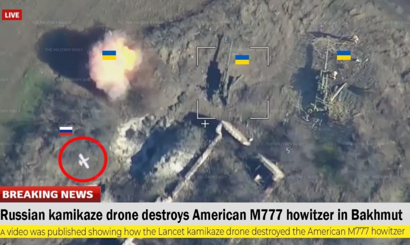 Horrible footage (Apr 14 2023) Russian kamikaze drone destroys American M777 howitzer in Bakhmut