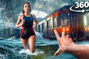 VR 360 video - Tsunami Wave Hits Train Station - Escape with Girlfriend