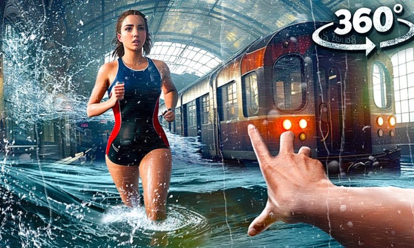 VR 360 video - Tsunami Wave Hits Train Station - Escape with Girlfriend