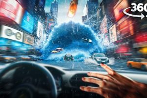 360 Video Meteor and Tsunami Wave Hits the City - Escape in Car